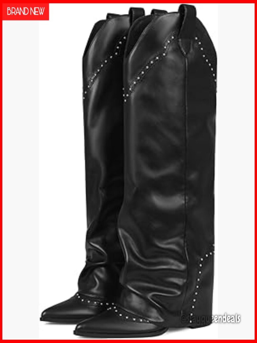 Knee High Fold Over Studded Vegan Leather Boots 3.7 Inch Heel